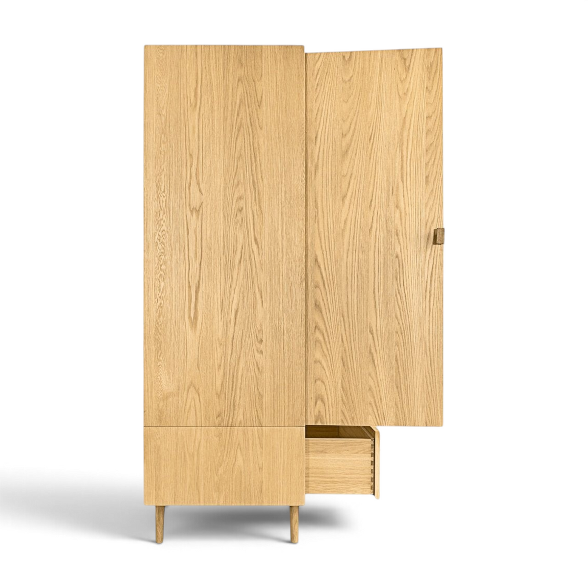 Pieces For Places Larsen double wardrobe in light oak wood with mid-century design, tapered legs, and a lower drawer.