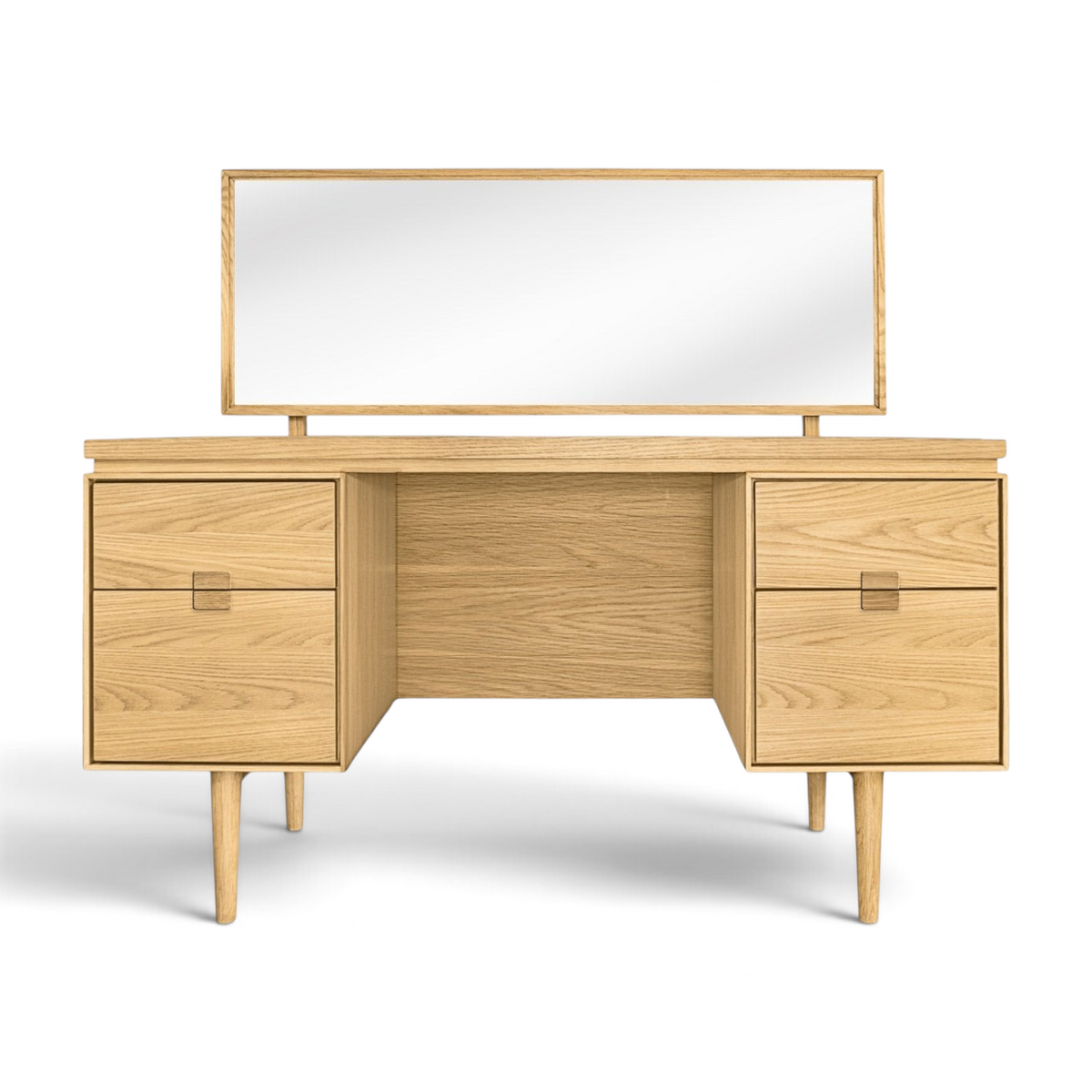 Pieces For Places Larsen dressing table in light oak with four drawers, tapered legs, and a rectangular mirror.