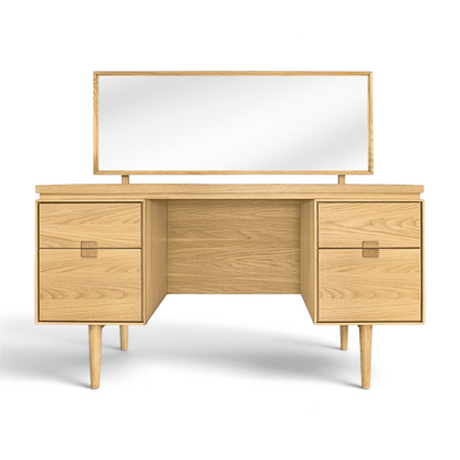 Pieces For Places Larsen dressing table in light oak with four drawers, tapered legs, and a rectangular mirror.