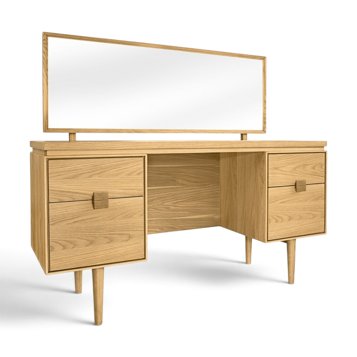 Pieces For Places Larsen mid-century wooden dressing table with four drawers and a rectangular mirror in oak finish