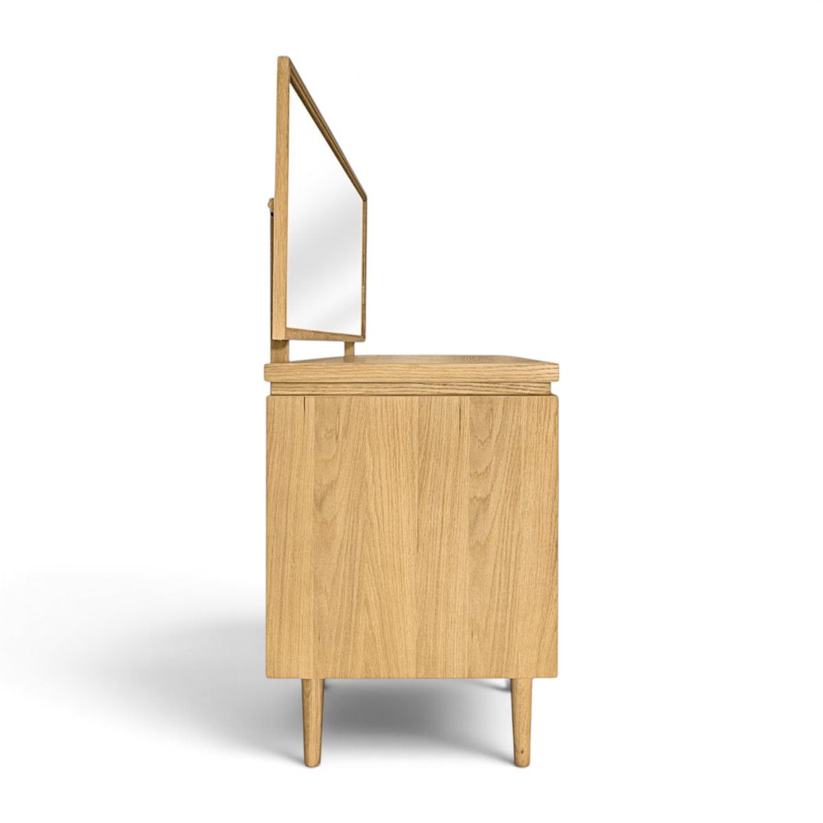 Pieces For Places Larsen dressing table in natural wood with tapered legs, side profile view showing mirror attachment