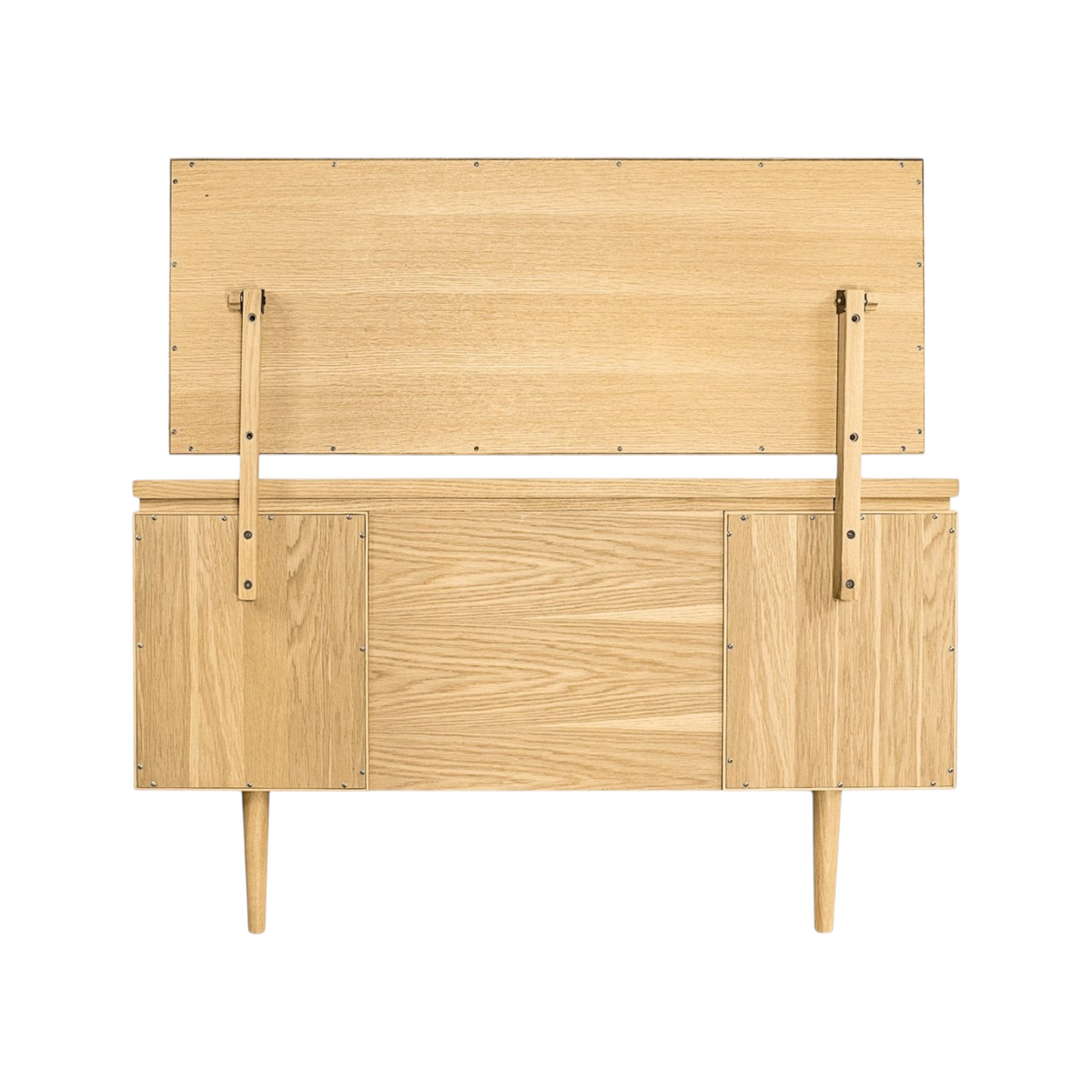 Pieces For Places Larsen dressing table in natural oak wood with mid-century tapered legs and rear view detail.