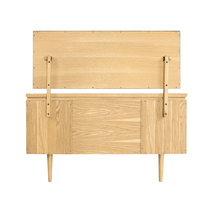 Pieces For Places Larsen dressing table in natural oak wood with mid-century tapered legs and rear view detail.