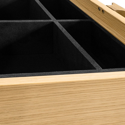 Pieces For Places Larsen dressing table drawer with black velvet interior dividers and natural oak wood joinery.