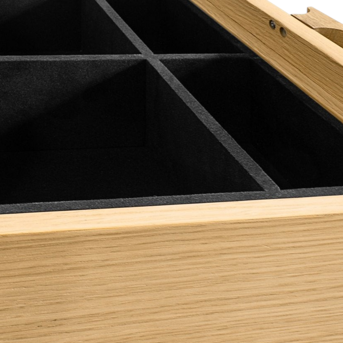Pieces For Places Larsen dressing table drawer with black velvet interior dividers and natural oak wood joinery.