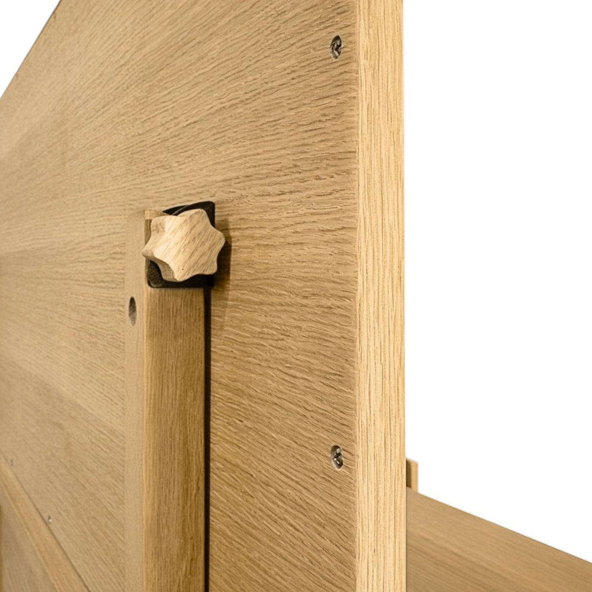 Pieces For Places Larsen dressing table wooden mirror attachment detail with natural oak finish and star-shaped knob