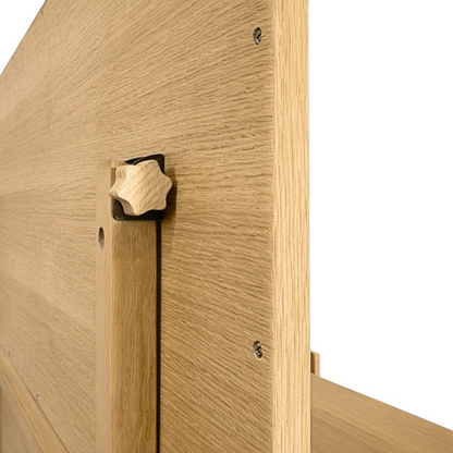 Pieces For Places Larsen dressing table wooden mirror attachment detail with natural oak finish and star-shaped knob