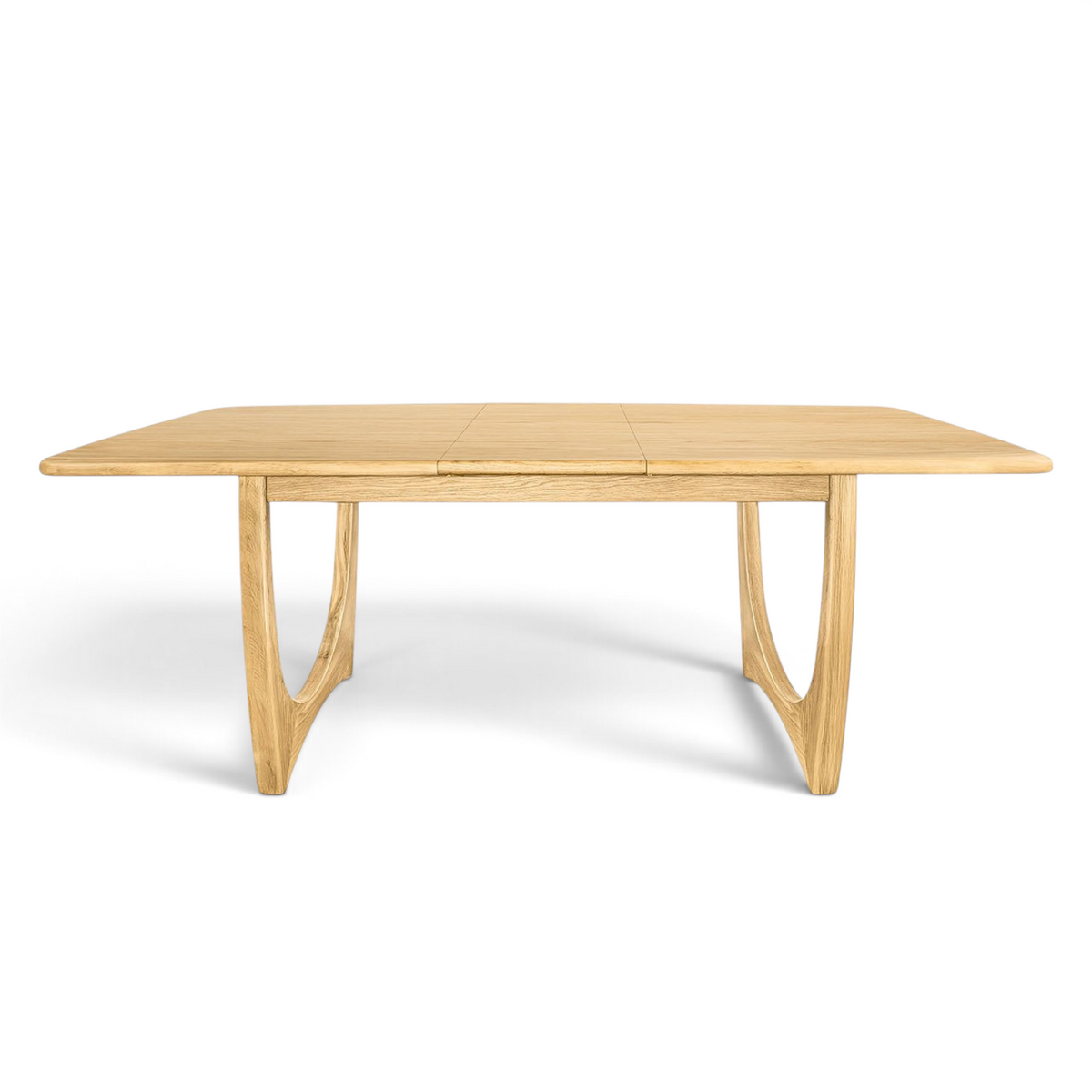 Pieces For Places Larsen extending dining table in natural wood with mid-century Scandinavian curved leg design.