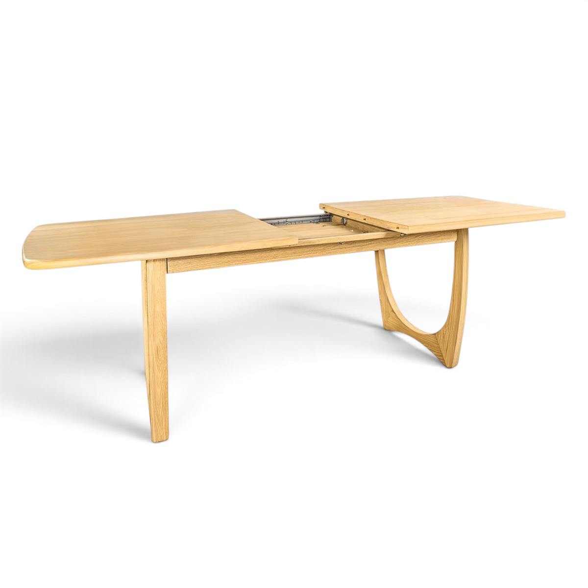 Pieces For Places Larsen extending dining table in natural wood with mid-century Scandinavian design and curved legs.