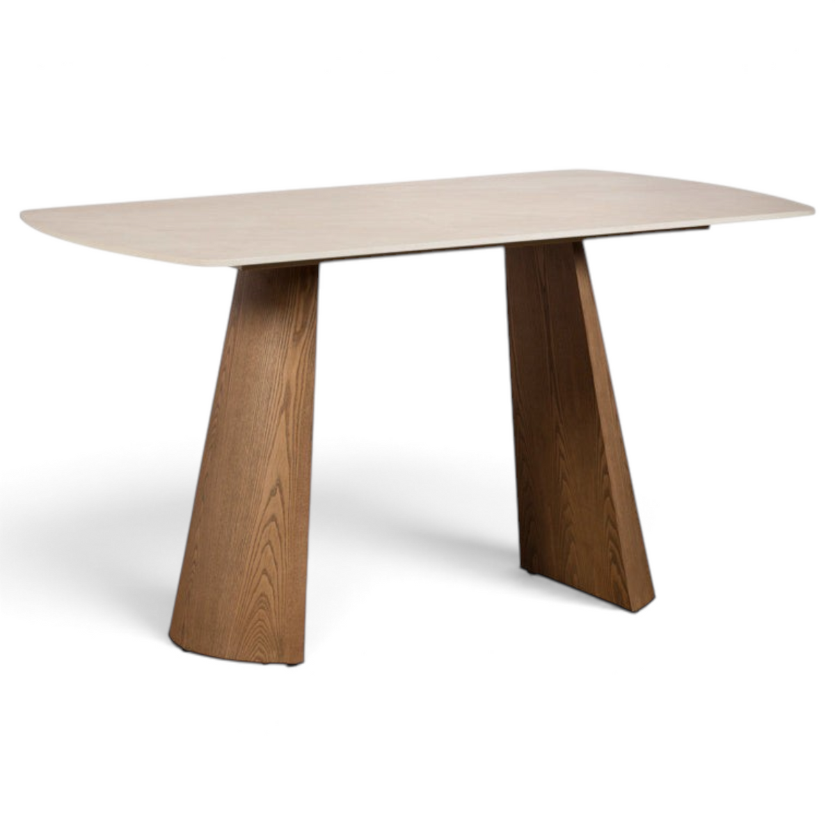 Pieces For Places Lusso 135cm dining table with a light sintered stone top and flared ash wood veneer legs.