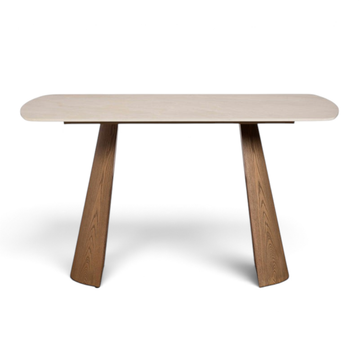 Pieces For Places Lusso 135cm dining table with a light sintered stone top and angled ash veneered wooden legs.