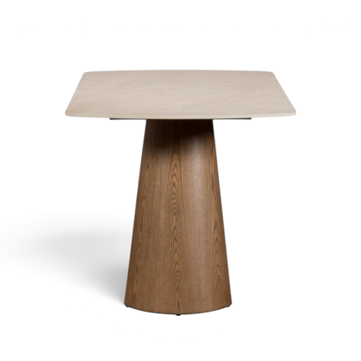 Pieces For Places Lusso 135cm dining table with a beige sintered stone top and a conical ash wood veneer pedestal base.