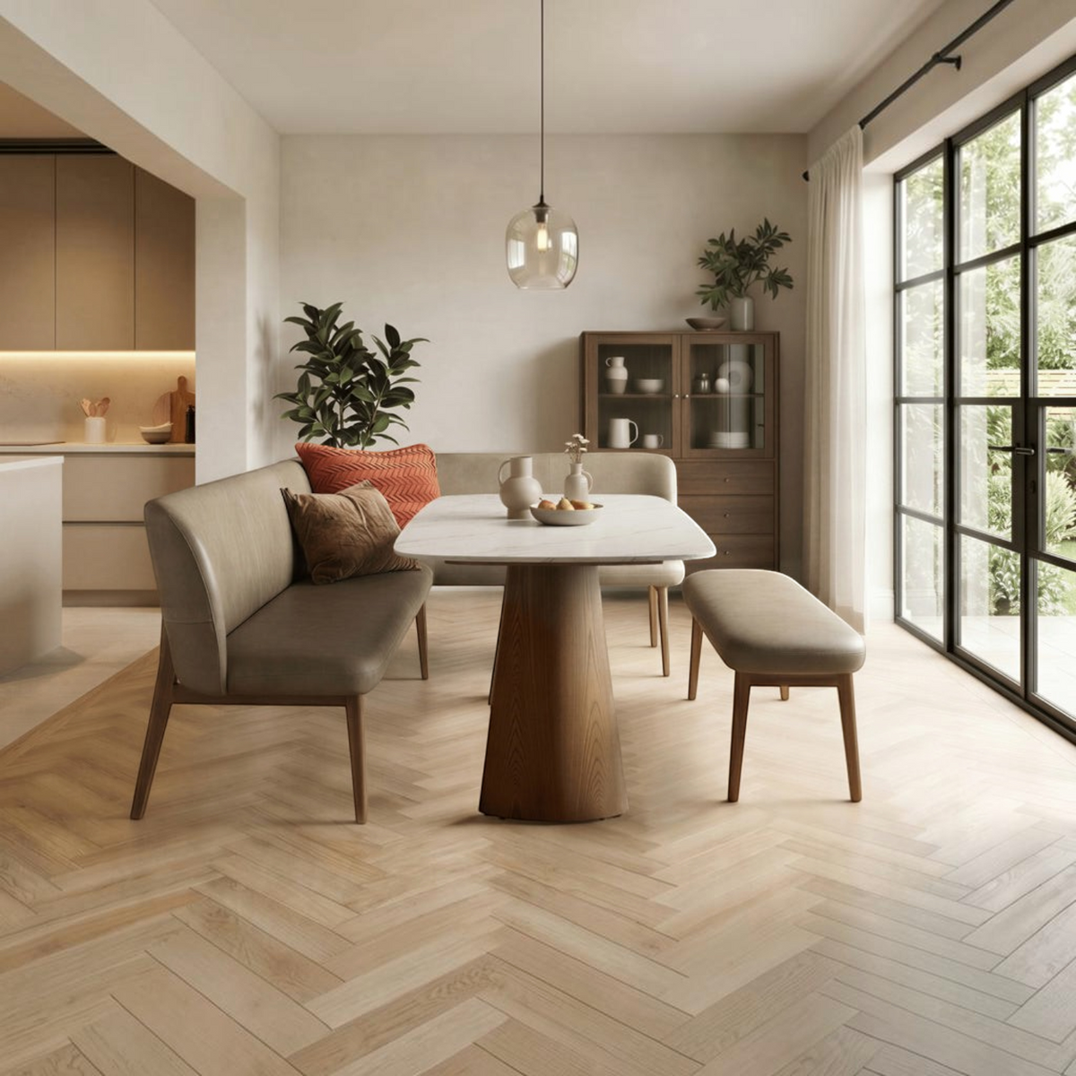 Pieces For Places Lusso 135cm dining table with white sintered stone top and ash wood pedestal base in a dining room.