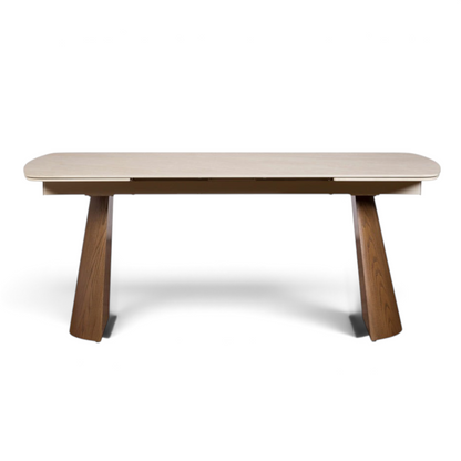 Pieces For Places extending dining table with a sintered stone top and ash-veneered legs in a contemporary design.