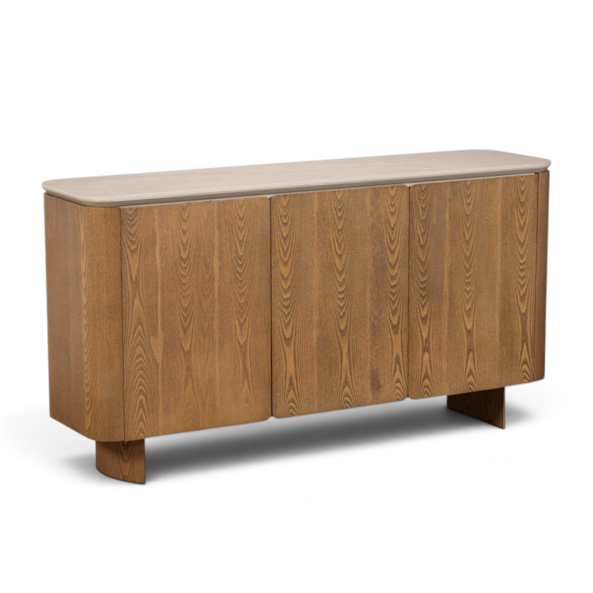 Pieces For Places Lusso wide 3-door sideboard with a light sintered stone top and natural ash veneered wood frame.