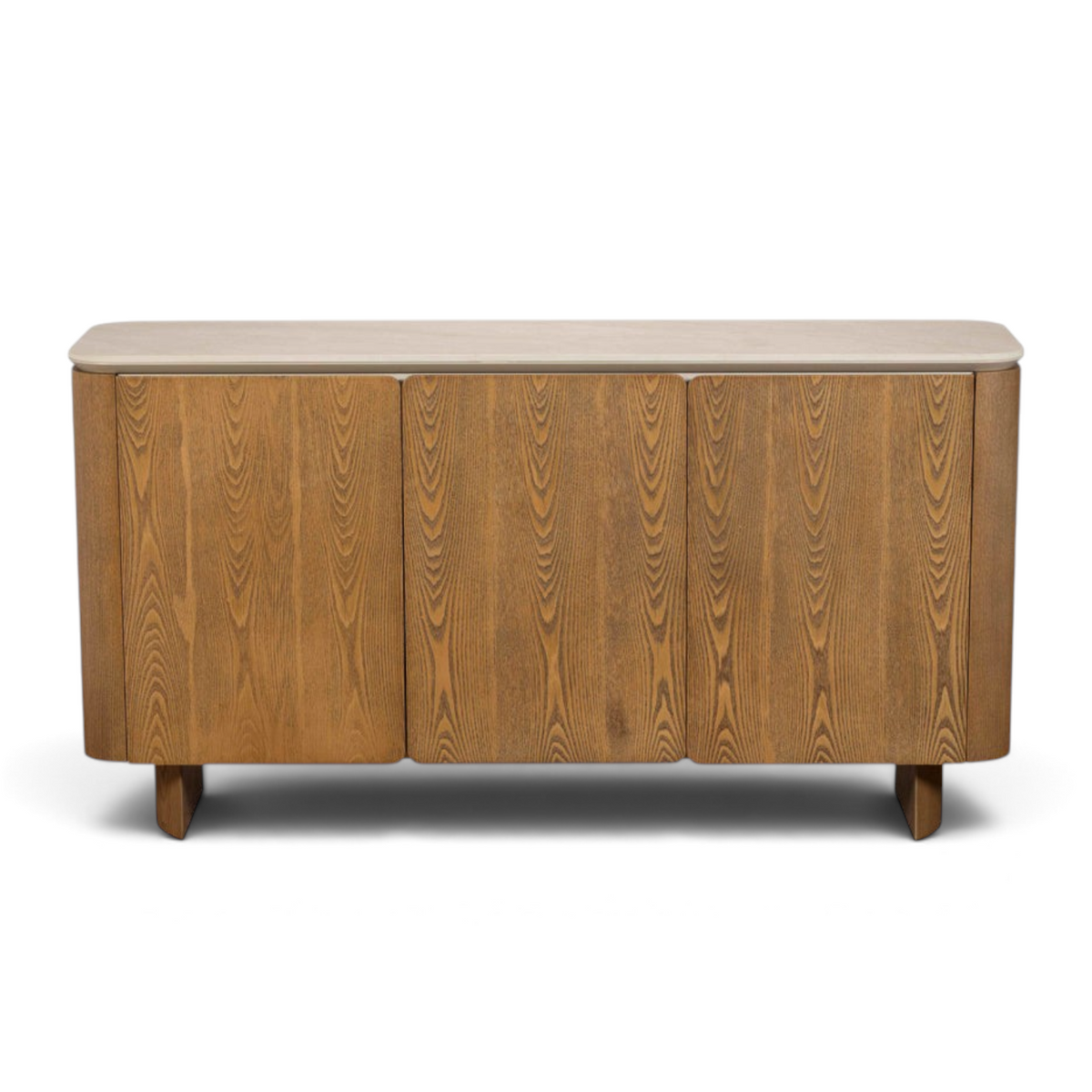 Pieces For Places Lusso wide 3-door sideboard with a light sintered stone top and natural ash wood veneer frame.