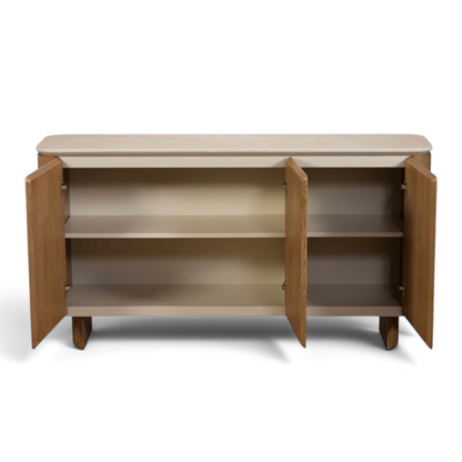 Pieces For Places Lusso wide 3 door sideboard with a light sintered stone top and natural ash veneered frame