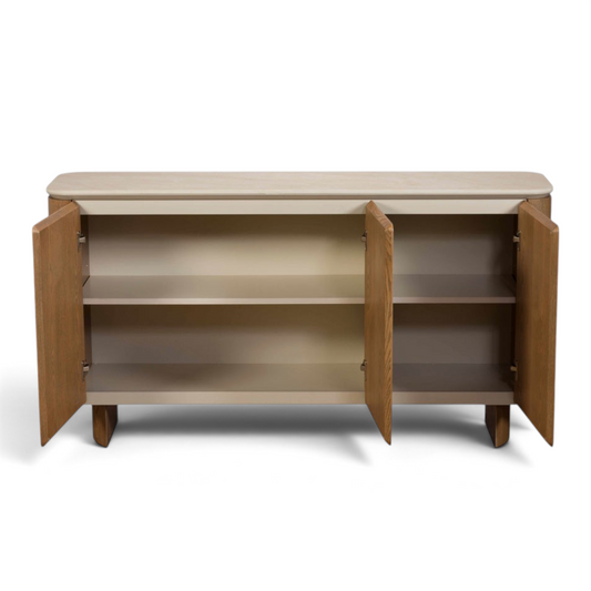 Pieces For Places Lusso wide 3 door sideboard with a light sintered stone top and natural ash veneered frame