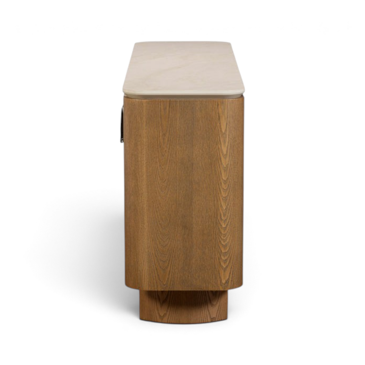 Pieces For Places Lusso wide sideboard with a light sintered stone top and curved ash wood veneer frame, side view.