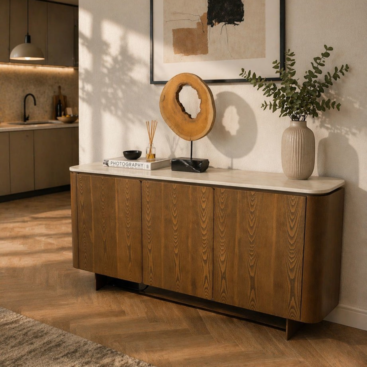 Pieces For Places Lusso wide 3 door sideboard with ash veneer frame and light sintered stone top in a modern home