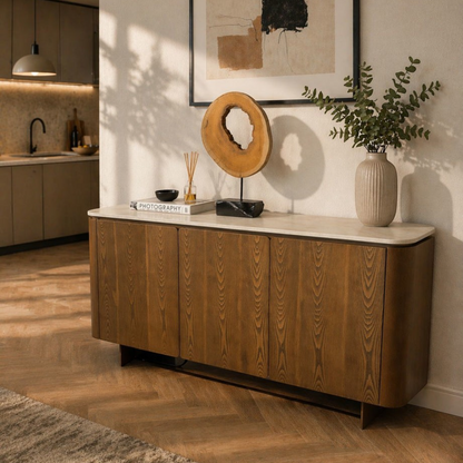 Pieces For Places Lusso wide 3 door sideboard with ash veneer frame and light sintered stone top in a modern home