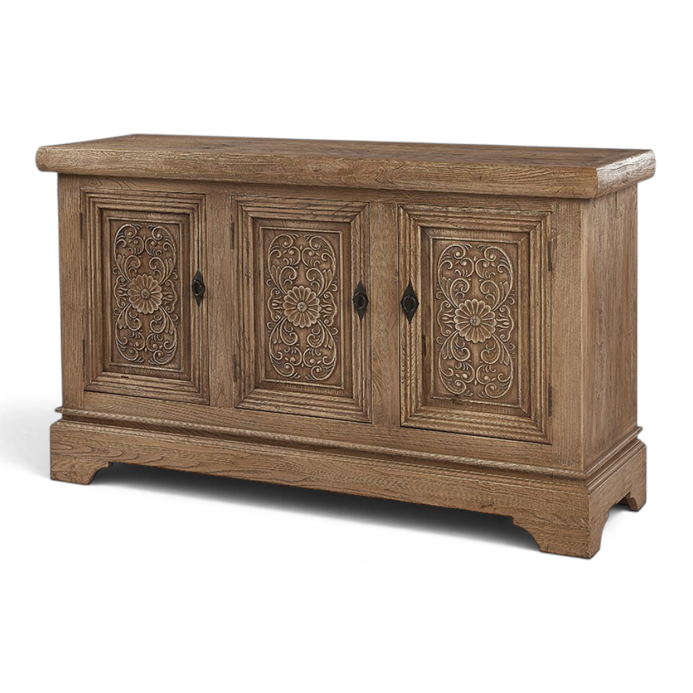 Pieces For Places Oyster reclaimed elm 3-door sideboard featuring intricate floral carved wood panels