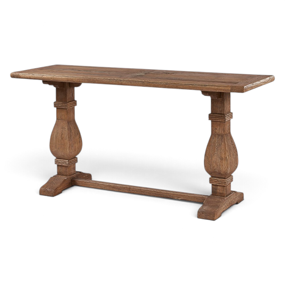 Pieces For Places Oyster Elm console table featuring a rustic wooden finish and traditional pedestal base design.