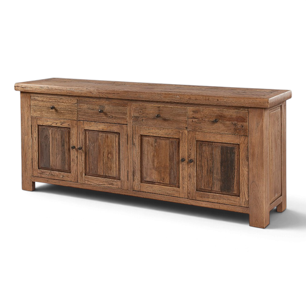 Pieces For Places Oyster old elm wood sideboard with four doors and four drawers in a rustic natural finish.
