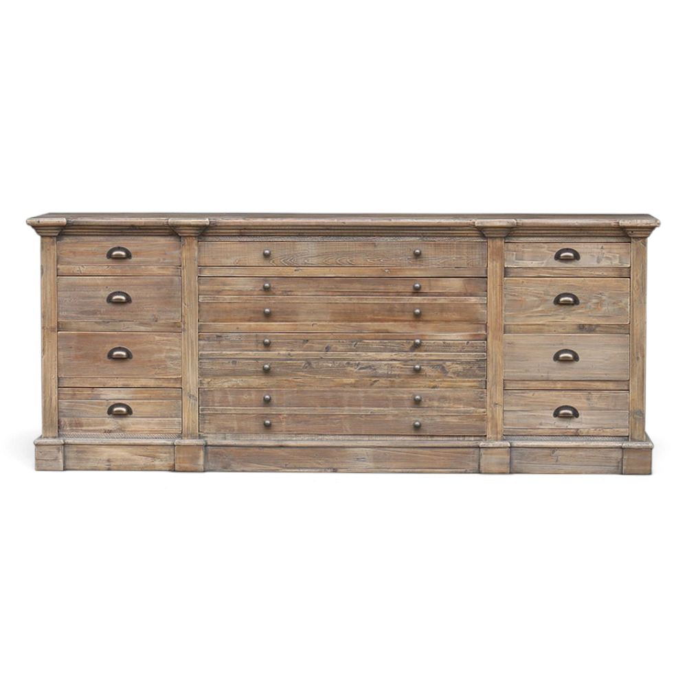 Pieces For Places Oyster sideboard crafted from rustic old pine wood featuring multiple drawers with dark metal pulls.