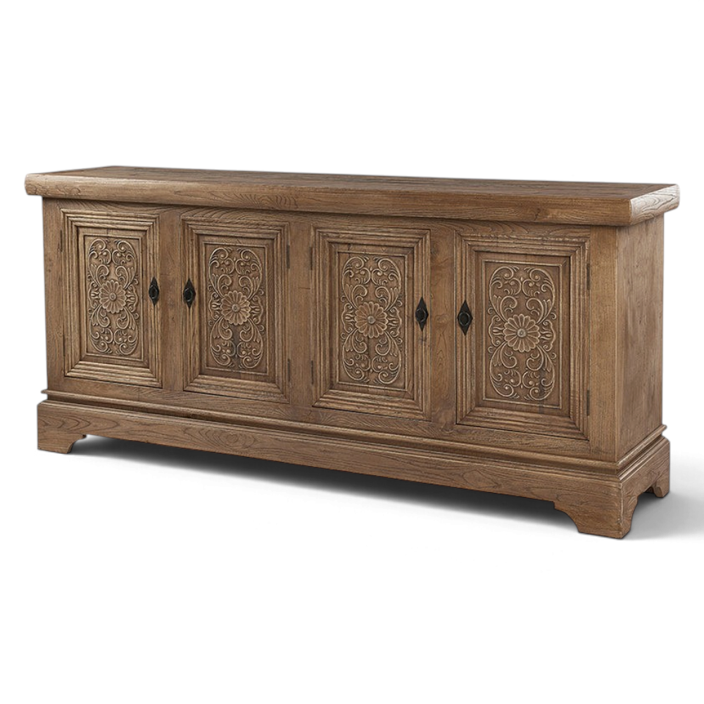 Pieces For Places Oyster 4-door sideboard in reclaimed elm wood with intricate floral carved door panels.