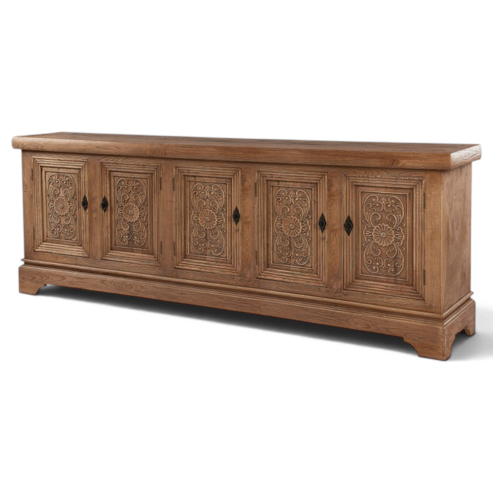 Pieces For Places Oyster reclaimed elm sideboard featuring five doors with intricate floral carvings and black hardware.