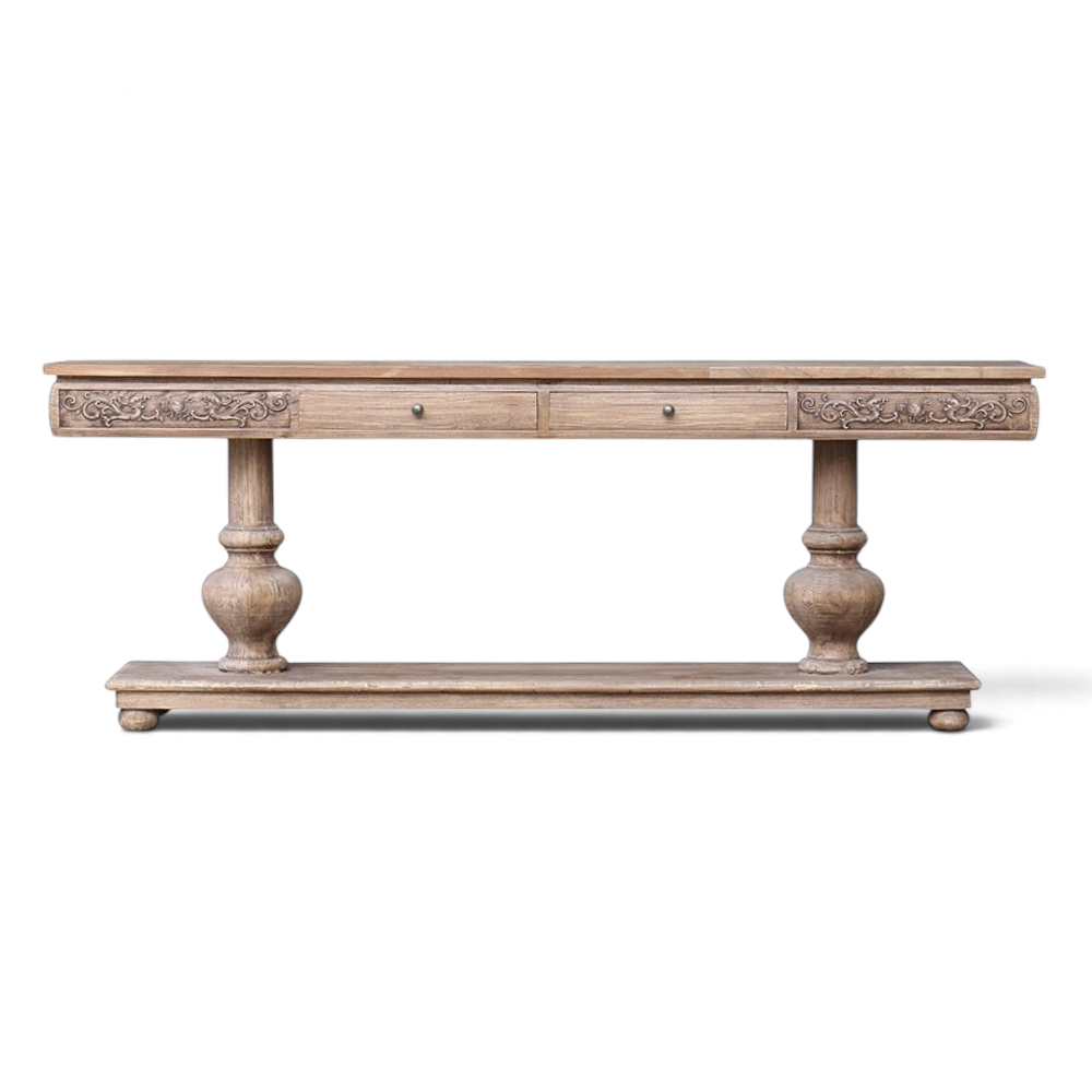 Pieces For Places Oyster reclaimed elm hall table featuring intricate carved drawer fronts and two pedestal bases.