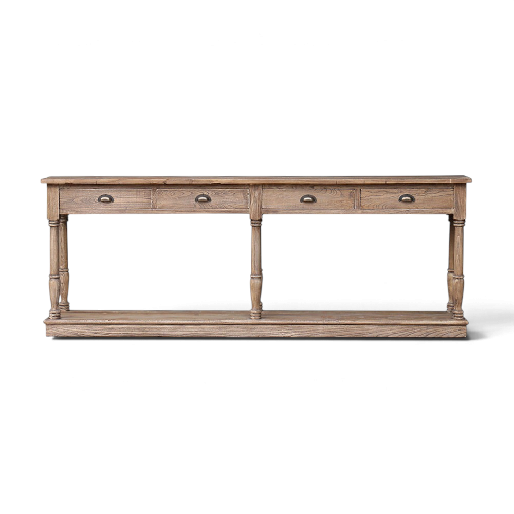 Pieces For Places Oyster reclaimed elm hall table featuring four drawers and a lower shelf on a white background.