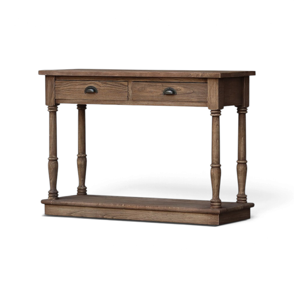 Pieces For Places Oyster reclaimed elm hall table featuring two drawers with dark metal cup pulls and turned legs.