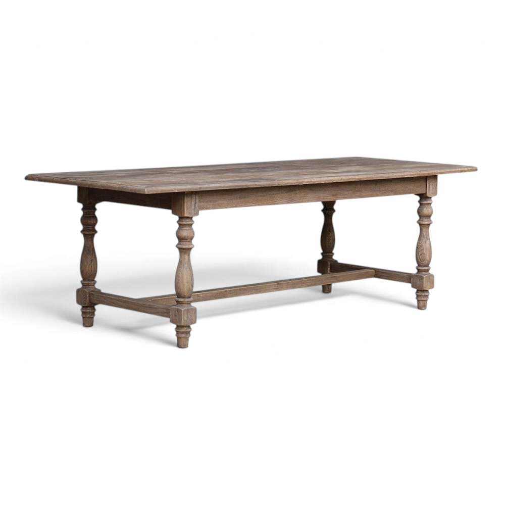 Pieces For Places Oyster dining table made from reclaimed elm wood with a rectangular top and baluster-style legs.