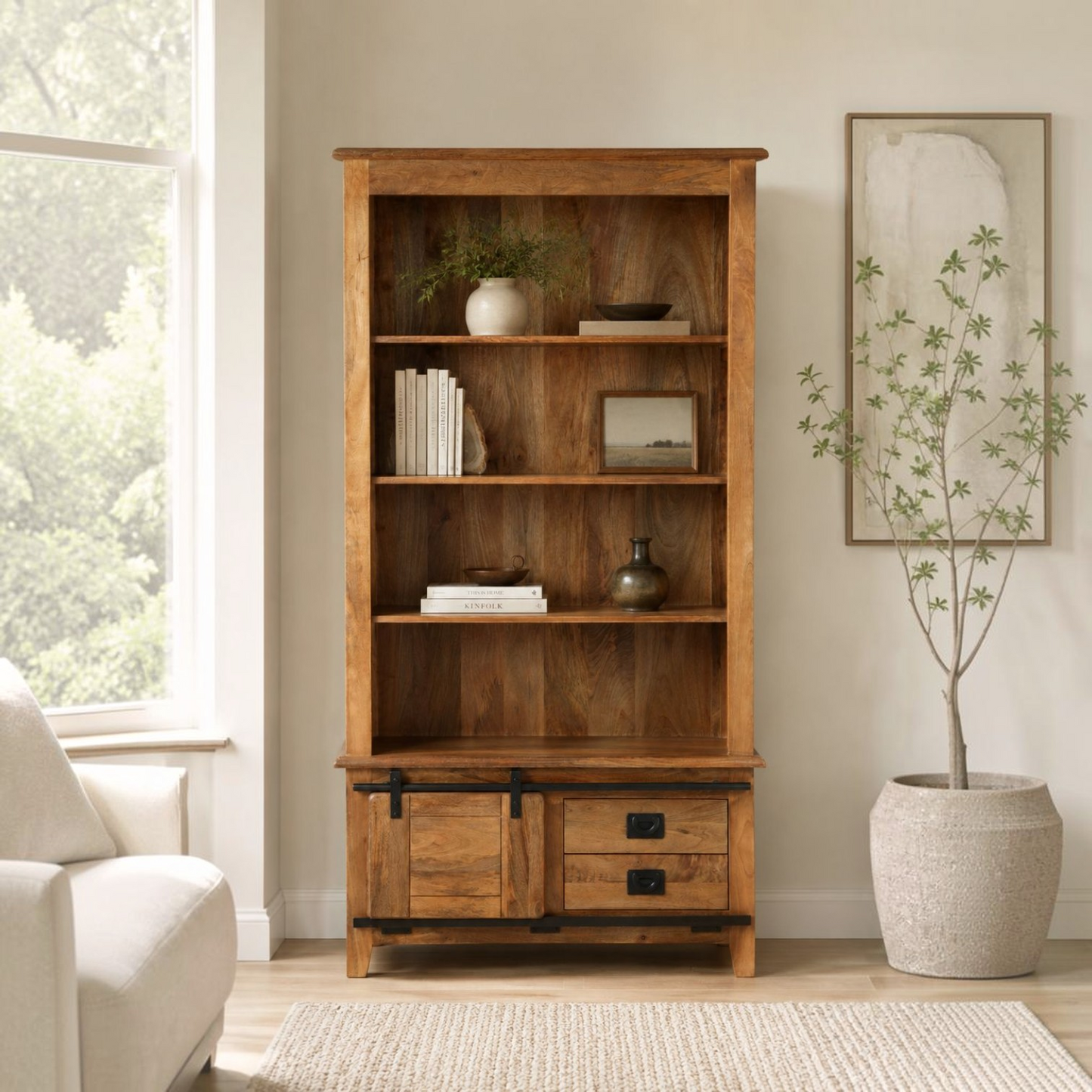 Industrial Solid Mango Wood Bookcase