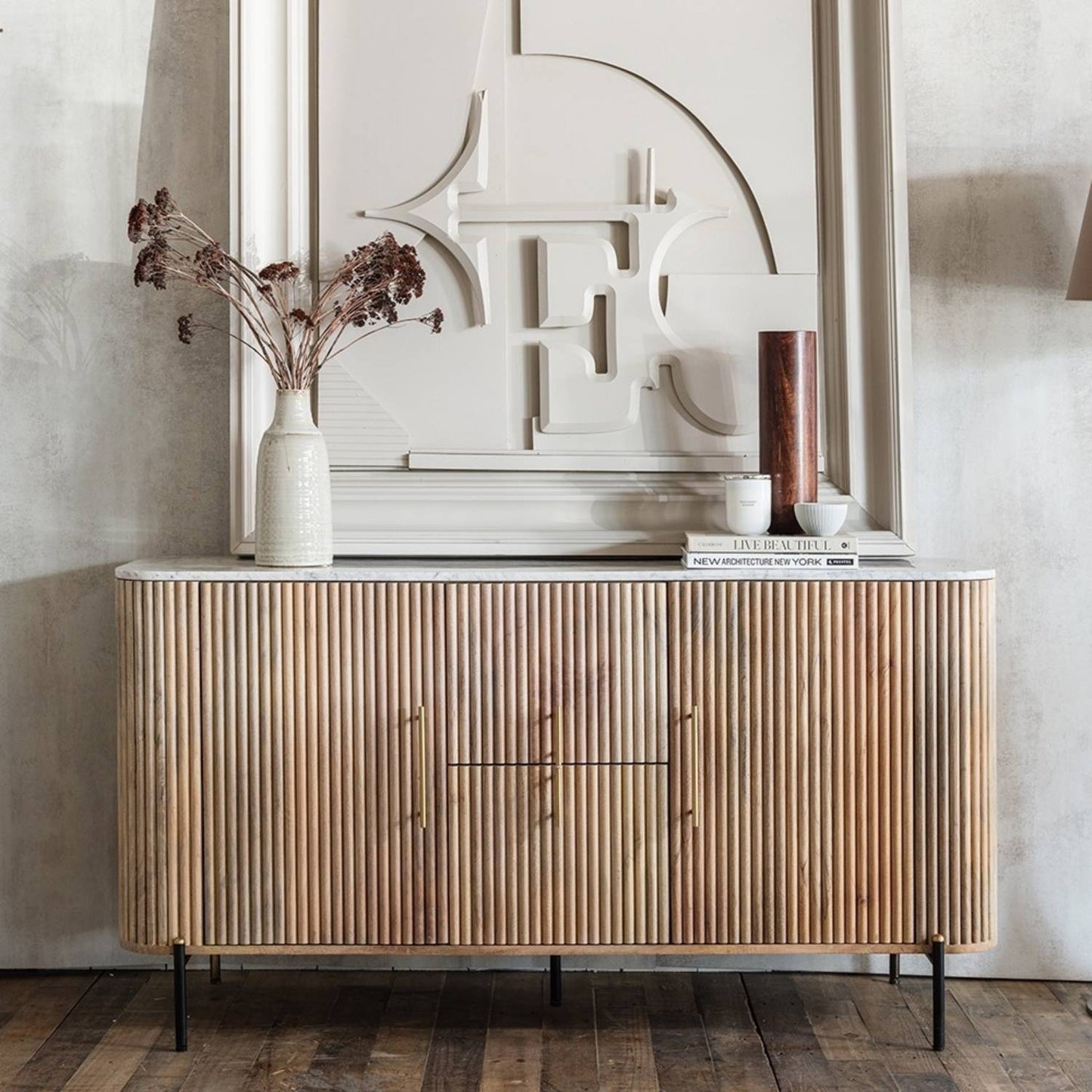 Reed Mango Wood & Marble Wide Sideboard