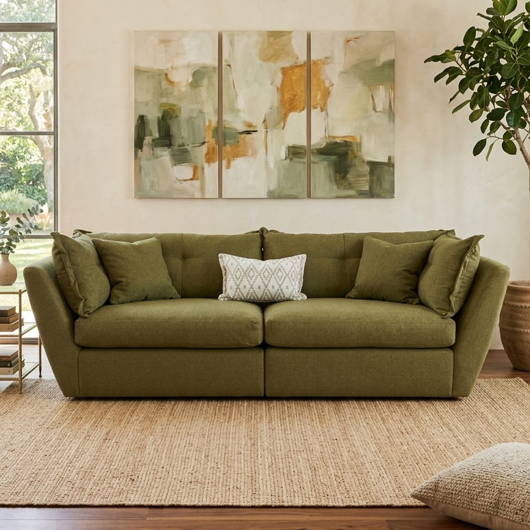 An olive green three-seater sofa with matching throw pillows and a small white patterned accent pillow, styled in a bright living room with a beige rug, wood floor, abstract wall art, and a potted plant.