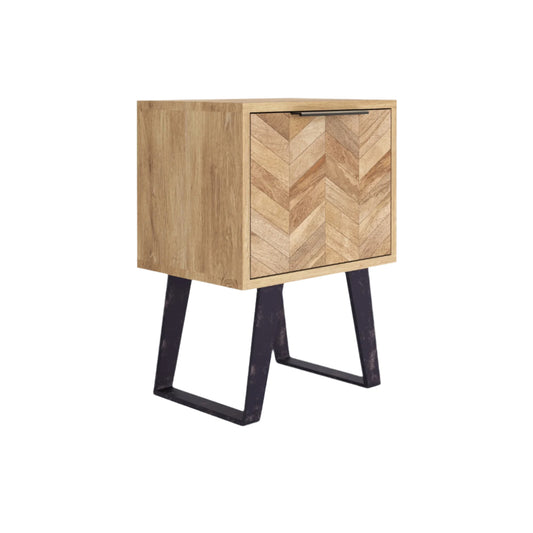 Wooden side table with chevron pattern and black metal legs on a white background