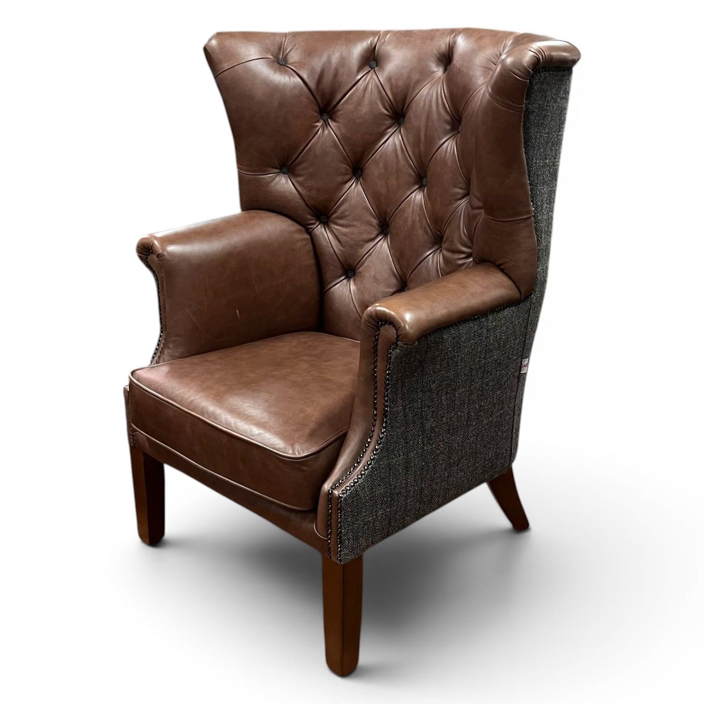 Kingston Brown Leather & Tweed Wingback Armchair - Ex Display