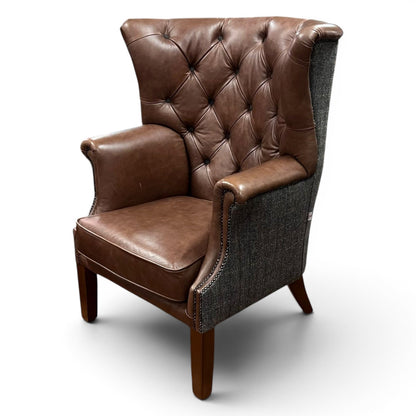 Kingston Brown Leather & Tweed Wingback Armchair - Ex Display