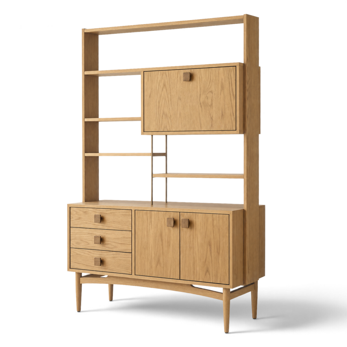 Pieces For Places Larsen room divider in light oak wood with open shelving, drawers, and a cupboard cabinet.