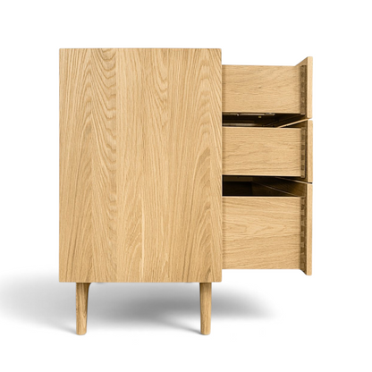 Pieces For Places Larsen 6 drawer wide chest in light oak wood with a mid-century modern Danish design aesthetic.