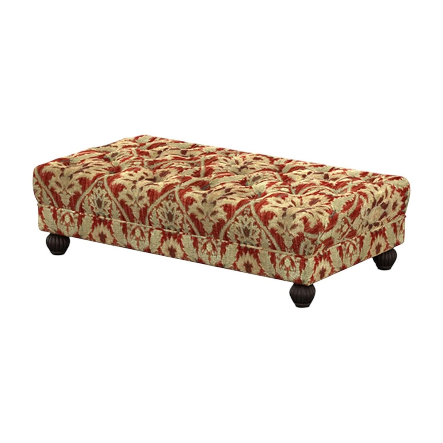 Pieces For Places Elgar Footstool in Enigma Claret fabric with tufted top and dark hardwood feet.