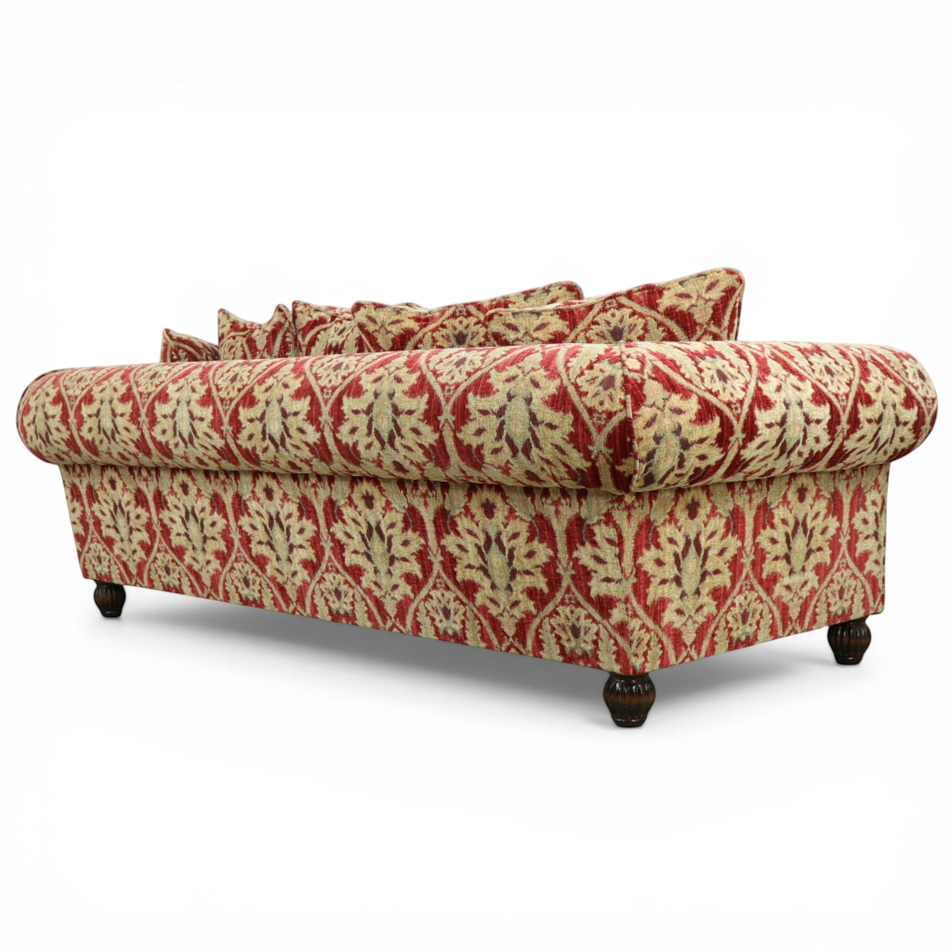Pieces For Places Elgar Grand sofa in Enigma Claret fabric with a damask pattern, featuring scroll arms, low back, and scatter cushions.