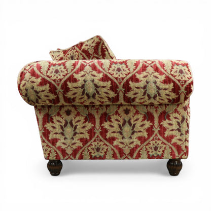 Pieces For Places Elgar Grand sofa in Enigma Claret fabric with scroll arms, low back, and hardwood feet. Features a damask pattern.