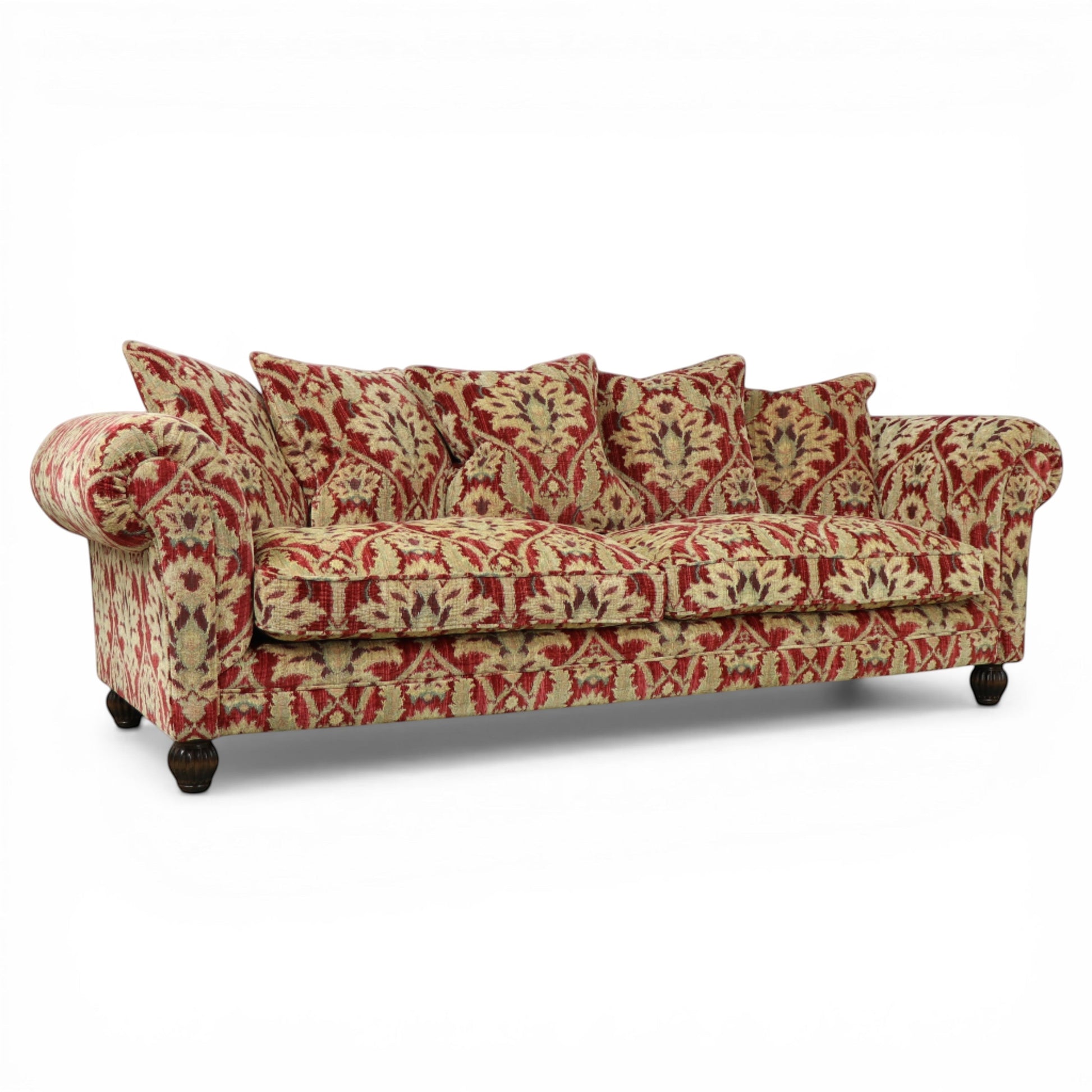 Pieces For Places Elgar Grand Sofa in Enigma Claret fabric with scroll arms, low back, and four scatter cushions.