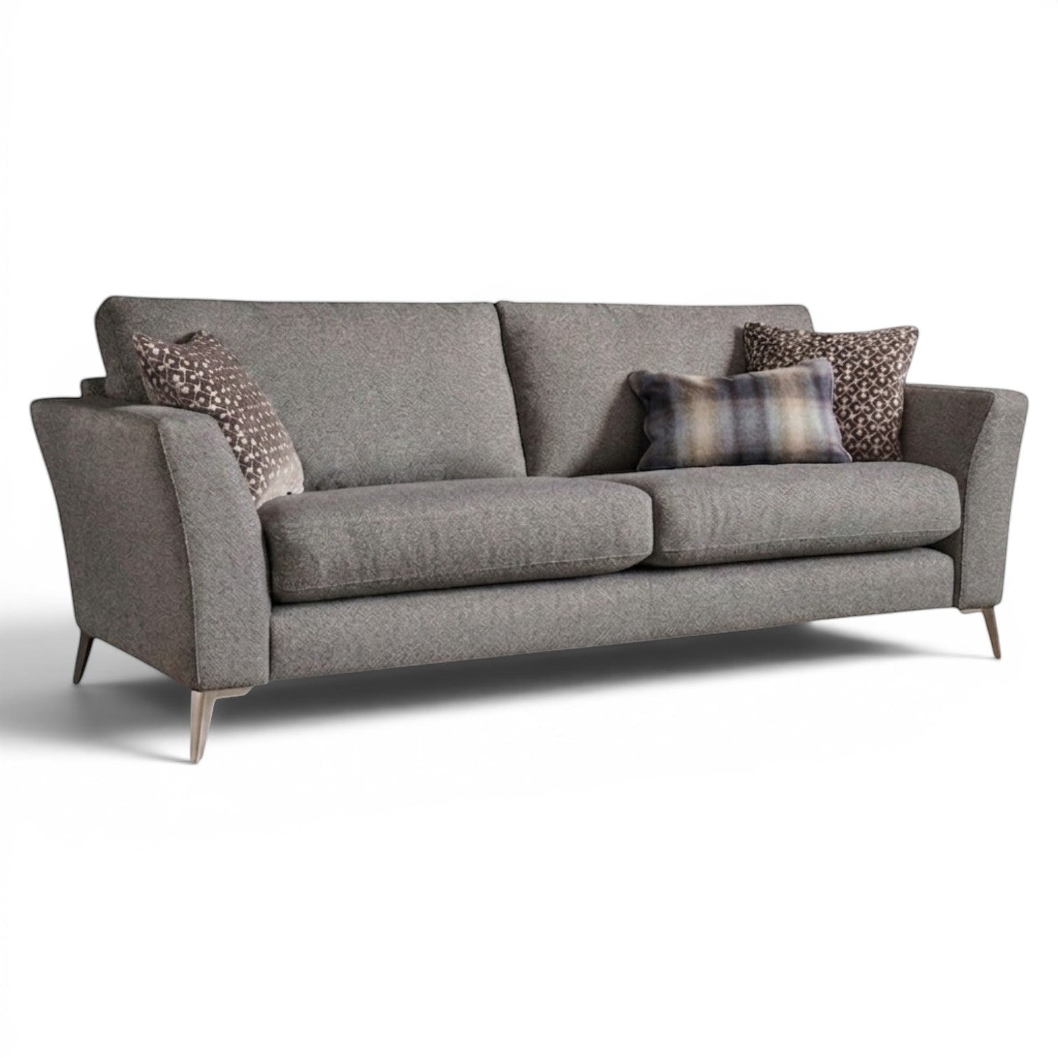 Pieces For Places Florence 2.5 Seater Sofa in grey textured fabric with reversible seat cushions and scatter cushions.