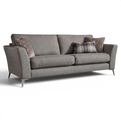 Pieces For Places Florence 2.5 Seater Sofa in grey textured fabric with reversible seat cushions and scatter cushions.