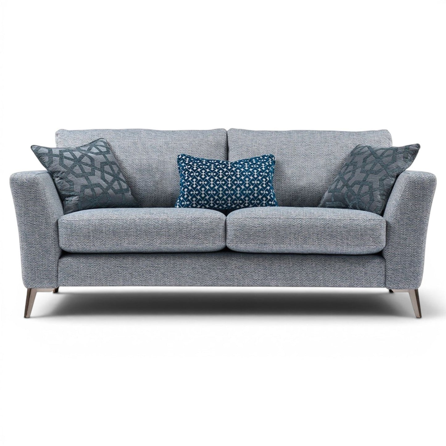 Pieces For Places Florence 2.5 Seater Sofa in grey textured fabric with reversible seat cushions and decorative blue scatter cushions.